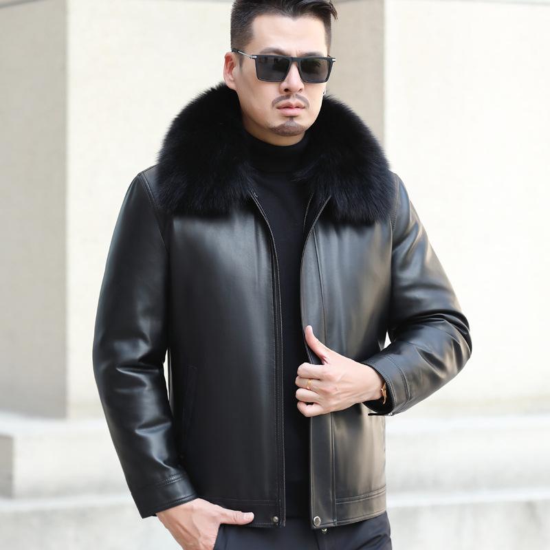 Leather Jacket for Men's Genuine Leather 90 White Duck Down Jacket for Men's Lapel Leather Jacket for Middle-aged Men's Winter New Warm Men's Jacket