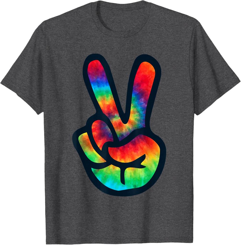 Tie Dye Peace Sign Hippie V Hand Graphic Short Sleeve Cotton Crew Neck TShirt