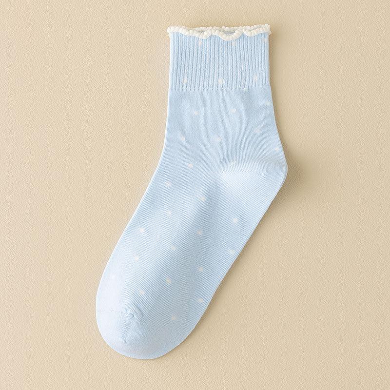 Black Fungus Lace Socks for Women, Spring and Autumn Style, Pile Socks, Cotton Socks, Summer Polka Dot Roll, Boneless Mid-calf Socks