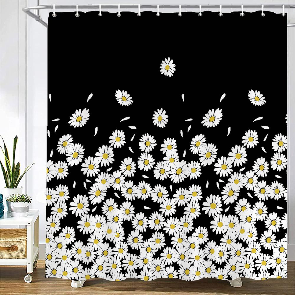 1 Pcs Shower Curtain Flowers Plants Black Printed Bathroom Curtain Polyester Cloth Waterproof Home Decoration Curtain with Hook