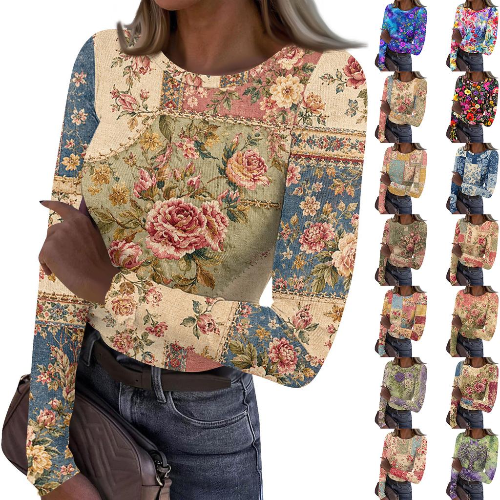 Women's Casual Vintage Floral Print Long Sleeve Top