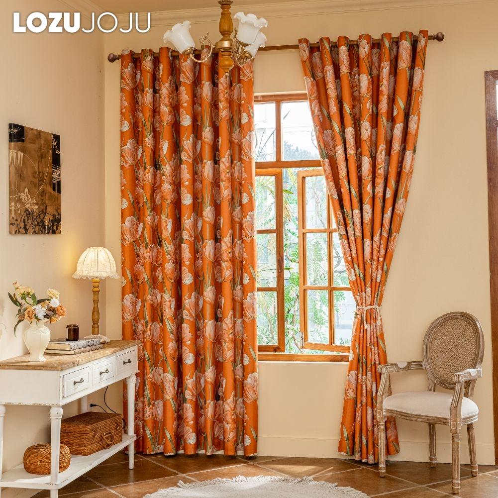 1PC LOZUJOJU European Style Orange Tulip Printed Curtains Fully Blackout Curtain for Bedroom Living Room Balcony Window for Home Decor