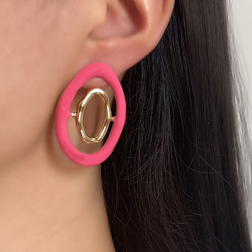 Korean version of dopamine color hollow geometric creative design sense round alloy stud earrings daily commuting