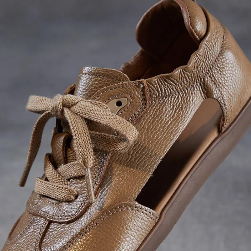 Johnature Sandales peep toe en cuir véritable rétro à semelle plate et à lacets, chaussures pour femmes à semelle souple