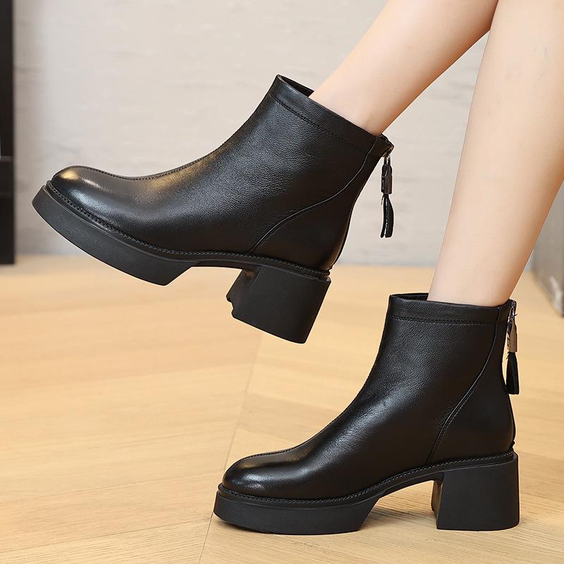 2025 Winter Shoes Women Sheepskin Fashion Modern High Heels Boots Plush High Heels 6cm Brand Ladies Ankle Boots Pure Black