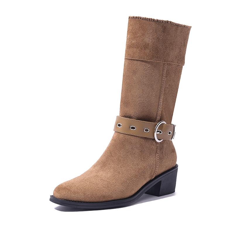 Suede Mid-Tube Boots Autumn New Pointed Toe Sleeve Belt Buckle Soft Sole Non-Slip Block Heel Skinny Boots