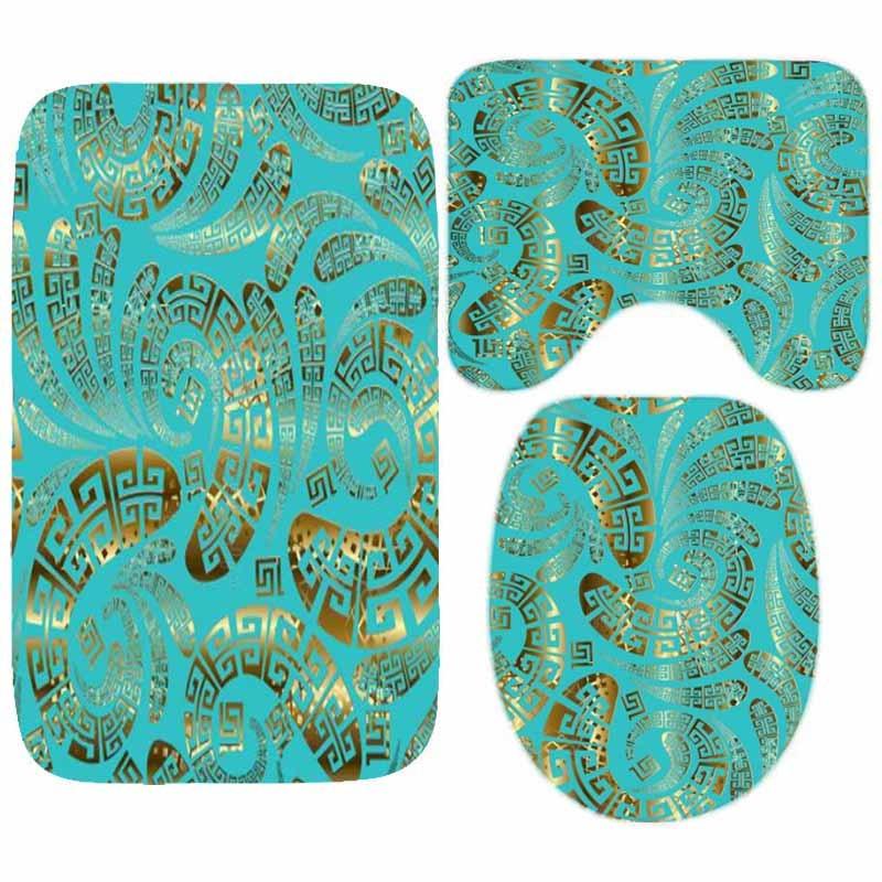 Luxury Black Gold Greek Key Meander Border Bath Rug Set Modern Geometric Ornate Bathroom Door Mat for Toilet Floor Carpet Decor