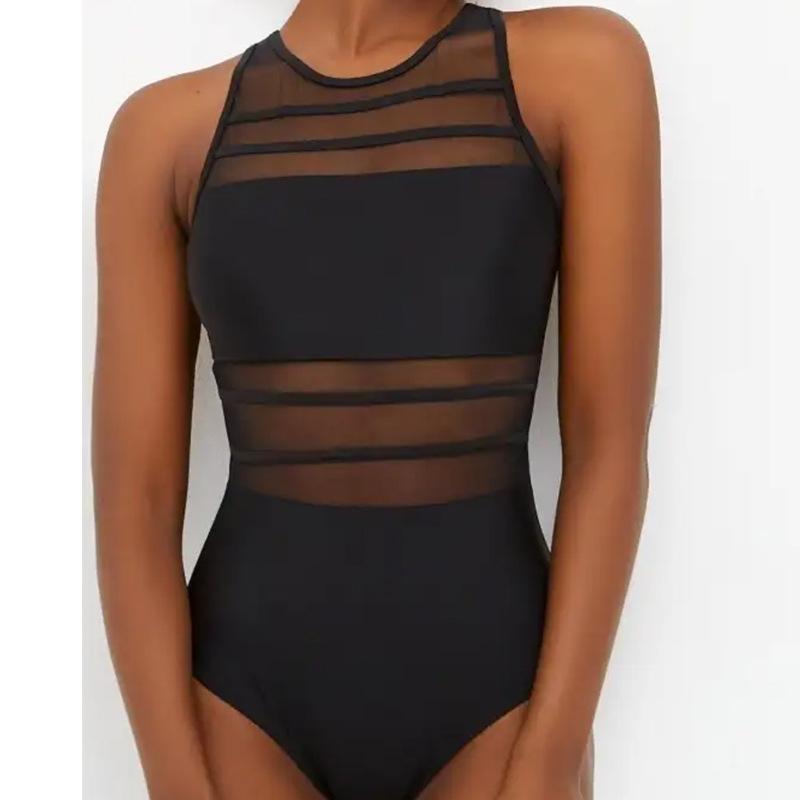 Fashion Sexy Backless Solid Color Mesh Splicing Slimming One Piece Women Swimsuit