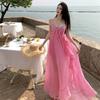 French Pink Ruffle Edge Suspender Dress Women's Summer Seaside Vacation Irregular Temperament Waist Long Skirt