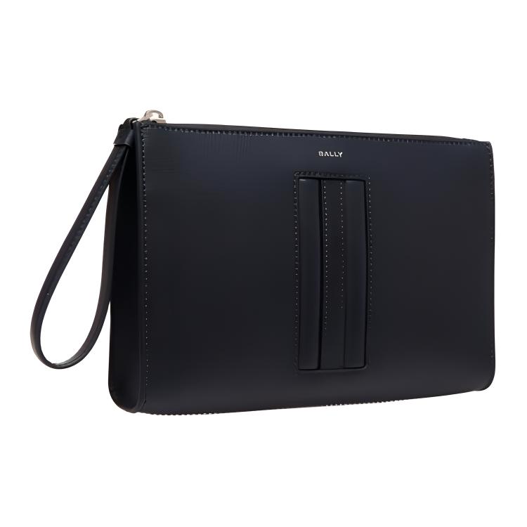 Bally Logo Zip Closure Leather Clutch Men Clutch Dark-Blue 6310280