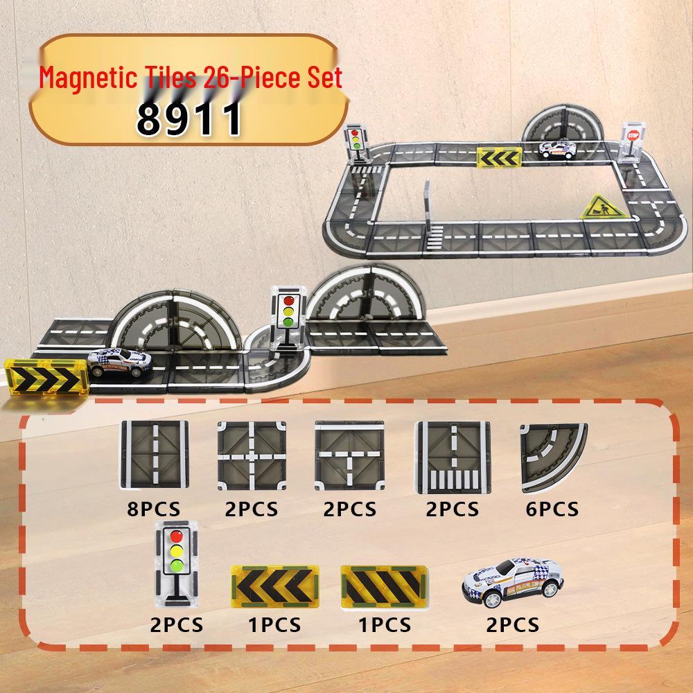 Cross-Border Magnetic Building Blocks: Strong Magnet Road & City Traffic Tiles with Crane & Stained Glass Design