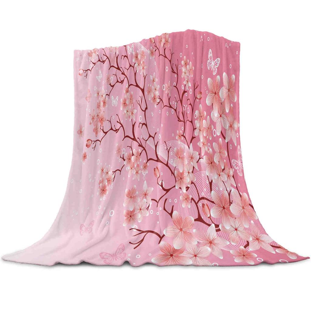 Cherry Blossom Throw Blanket Branches Flower Print Fleece Flannel Blanket Japanese Style Soft Fuzzy Blanket for Sofa Couch Bed