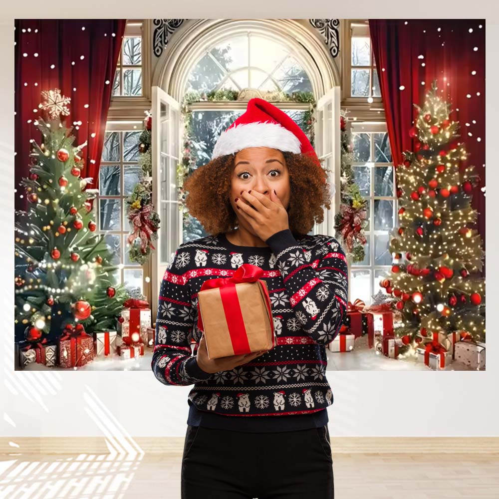 Christmas Backdrop Winter Window Xmas Tree Fireplace Gifts Family Kids Party Christmas Eve Decoration Photography Backgrounds