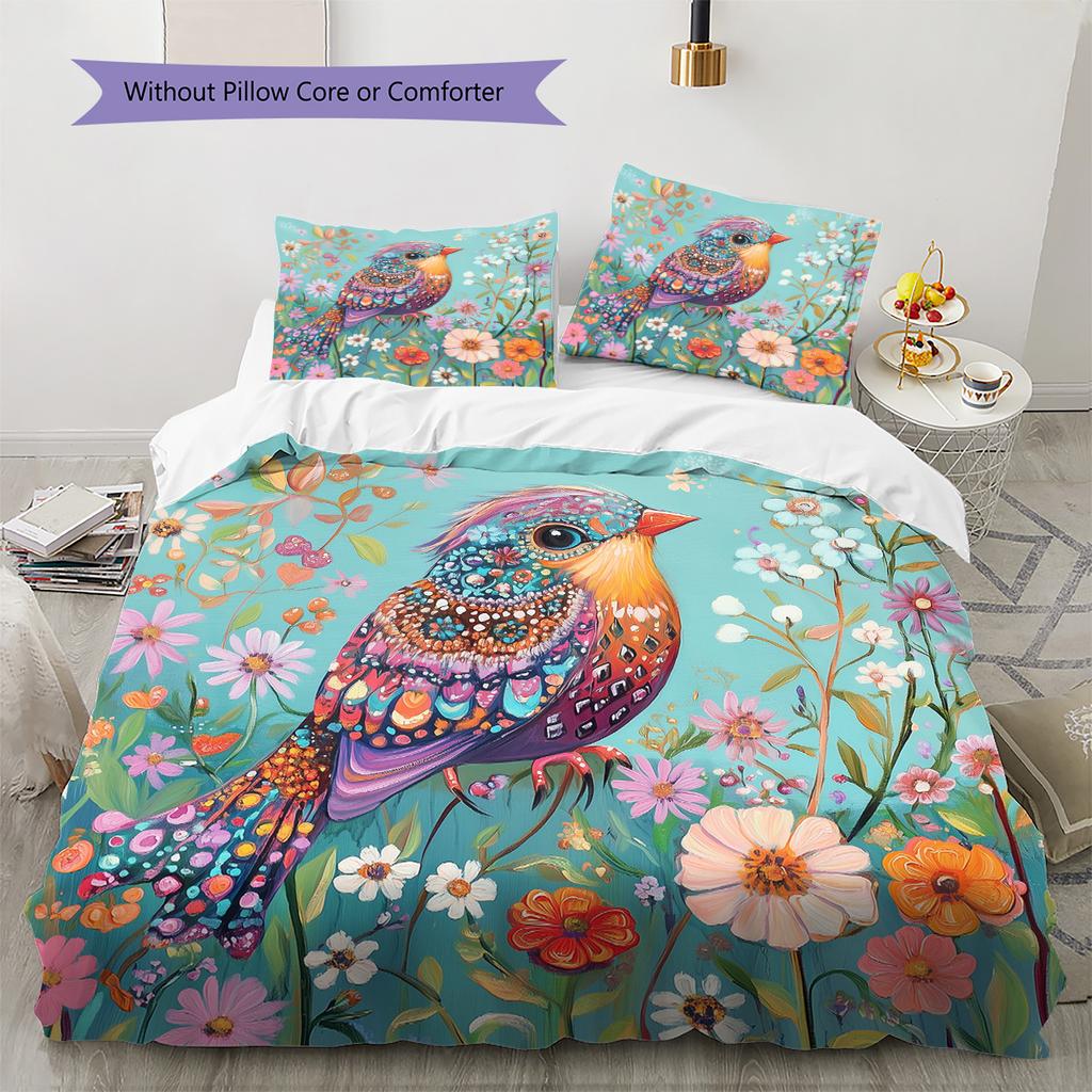 Colorful Flower Bird Pattern Bedding Quilt Set  Home Decoration  Gift (1 * duvet cover + 2 * pillowcase  without core)