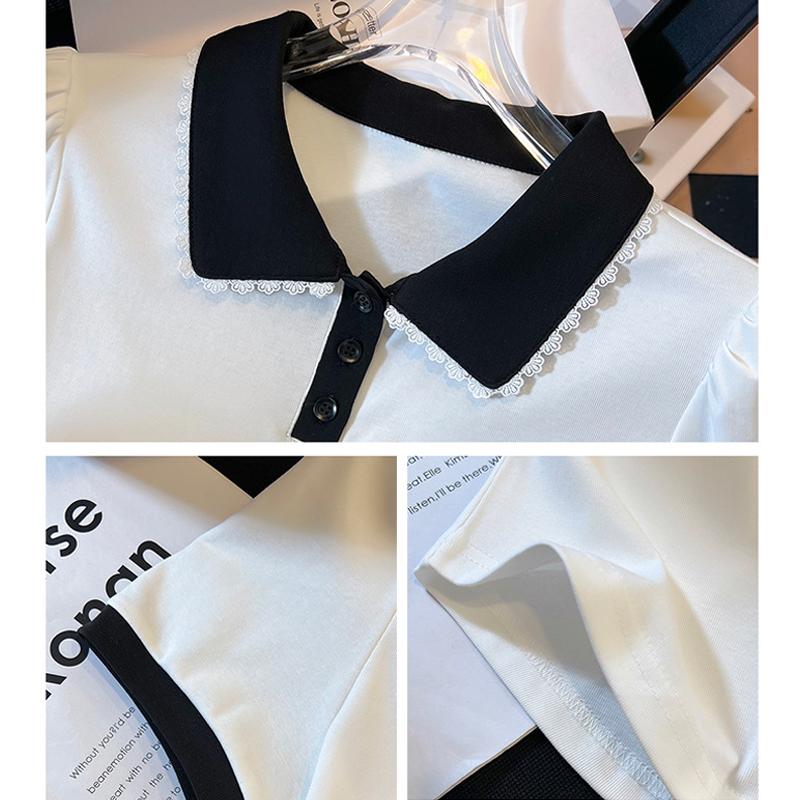 Damen Polo-Kragen Kurzarm T-Shirt Sommer Falsches Zweiteiler Oberteil Bluse