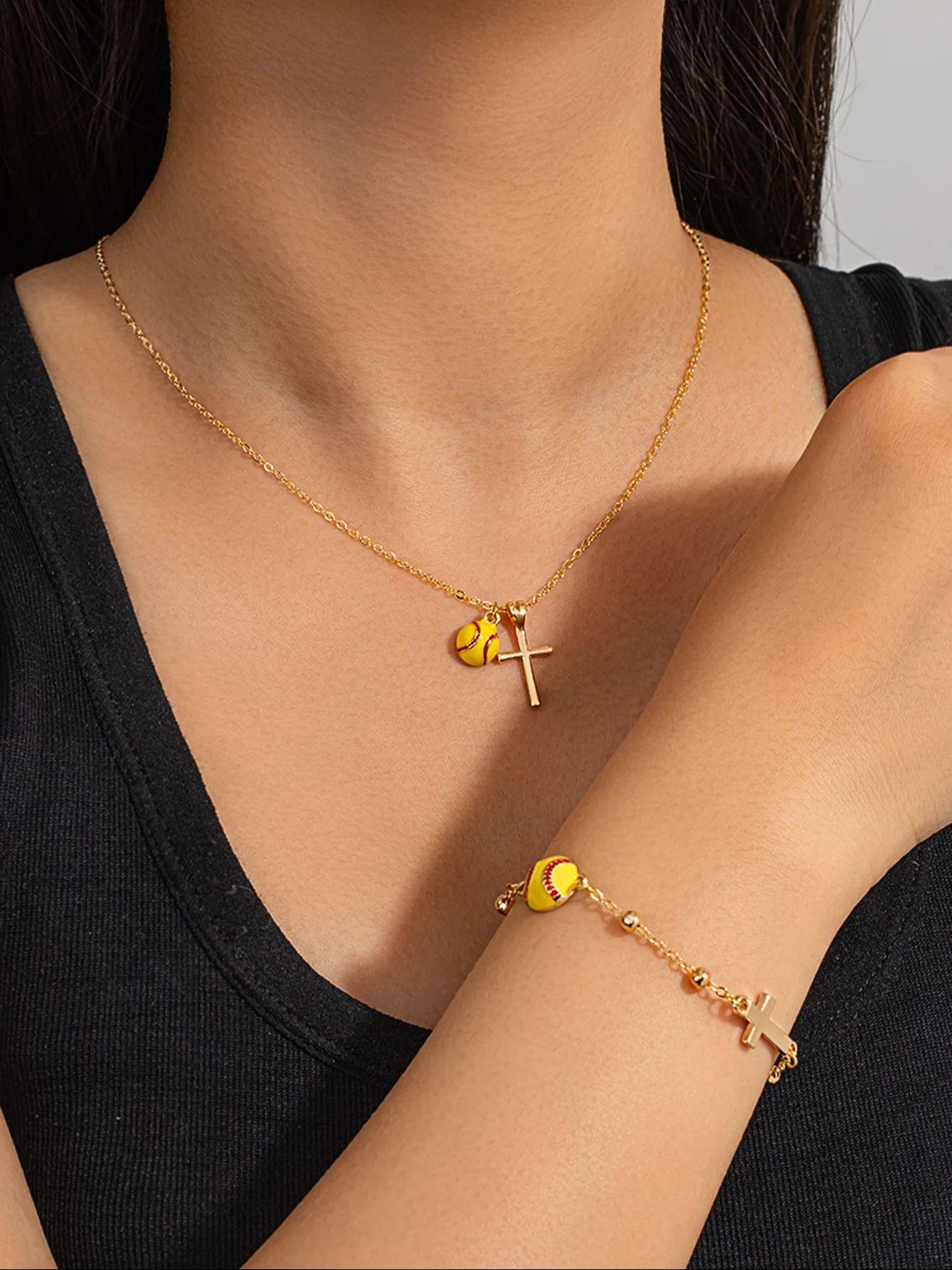 

Softball Pendant Necklace and Cross Bracelet Set, Sporty Style with Religious Belief