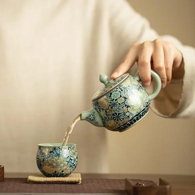 Ru Kiln Keramische Theepot Vergulde Pioenroos Westelijke Han Tegelpot Kung Fu Theeset Huishoudelijke Theepot