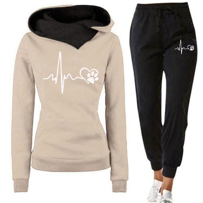 Neues Frühlings- und Herbst-Winter-Freizeitsport-Set, Herzschlagfrequenz-bedruckter Damen-Hoodie, Sweatshirt-Set, trendig