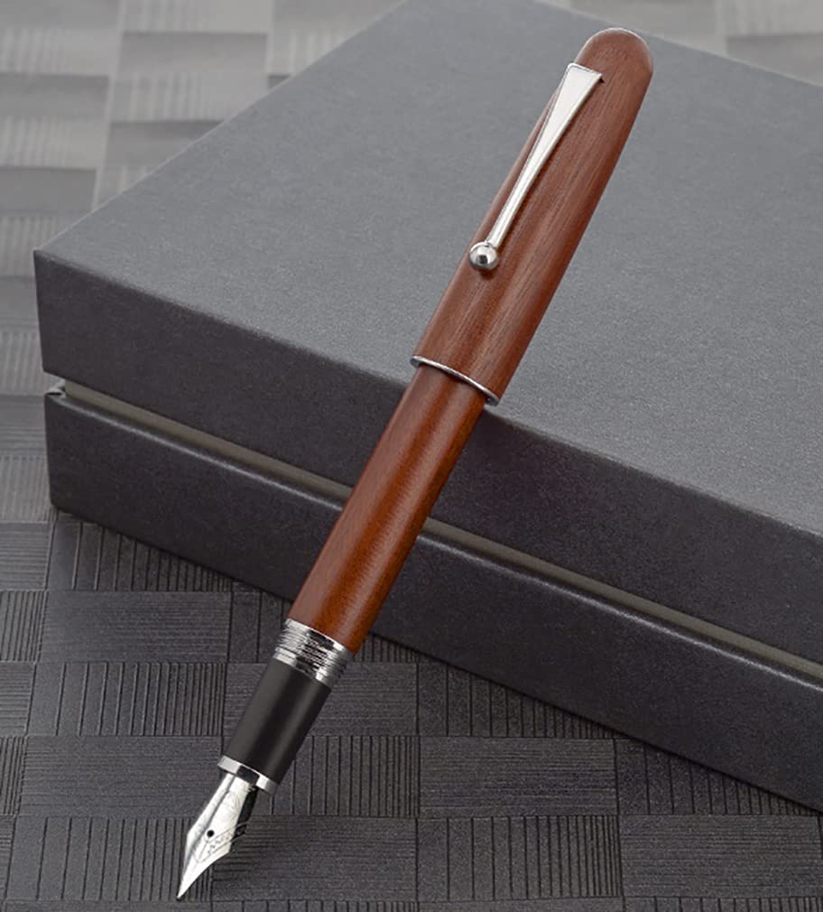 Gullor Natural Wood Fountain Medium Ink Screw Silver Clip Pen, Nib, Converter, Cap,