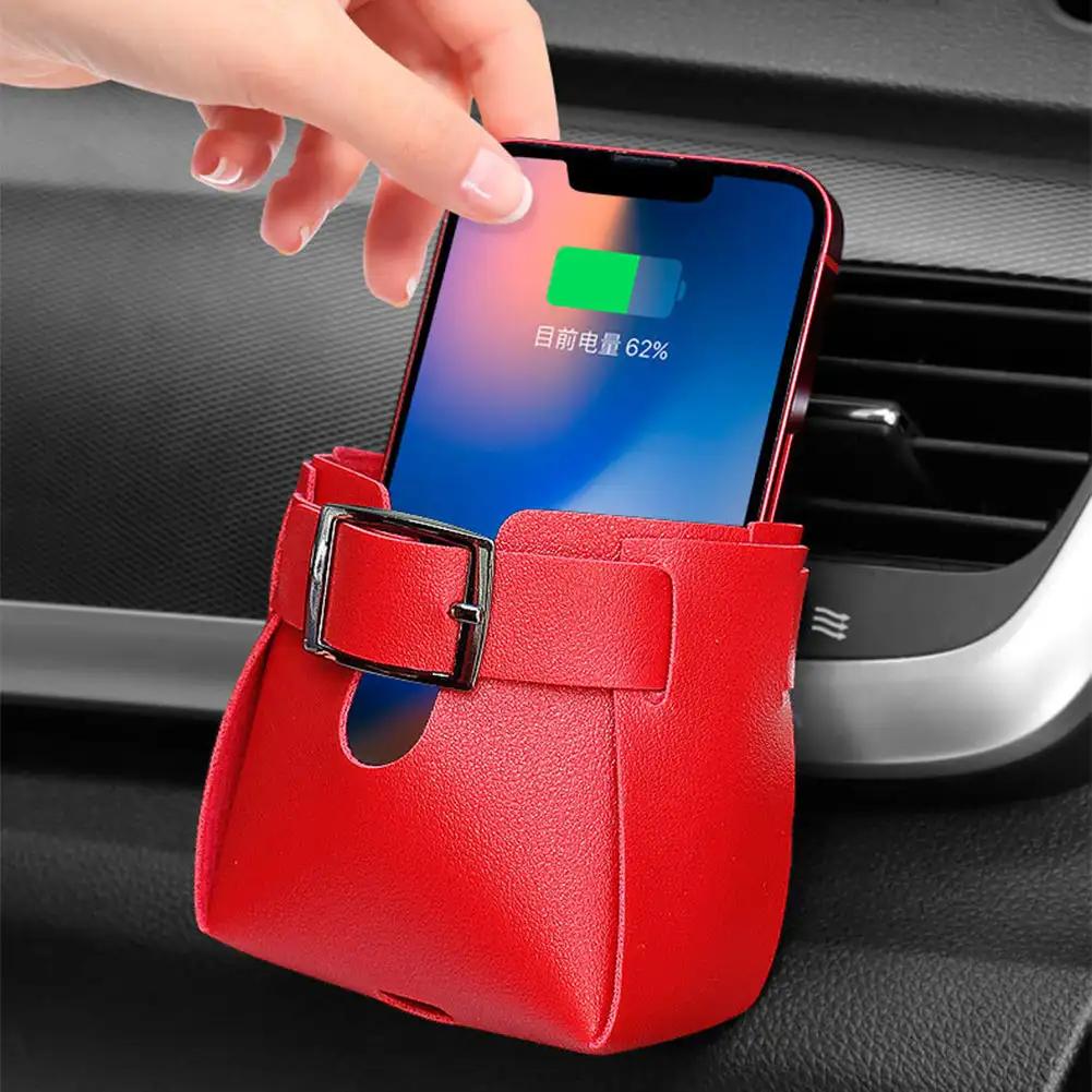 Car Air Outlet Leather Pouch Storage Bag Clip Hooks Auto Interior Box Organizer Phone Holder Car Air Vent Pouch Car Accessories