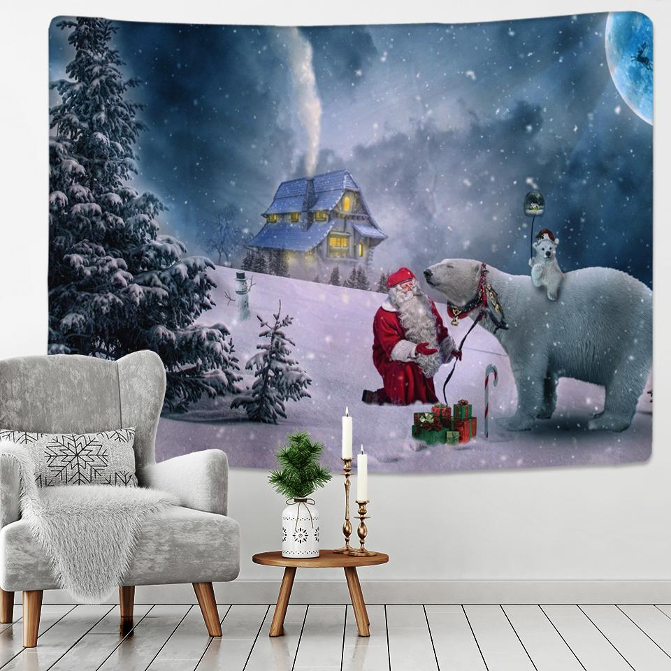 Christmas Art Wall Hanging Tapestry Christmas Tree and Cat Christmas Animal New Years Party Elk Yoga Blanket