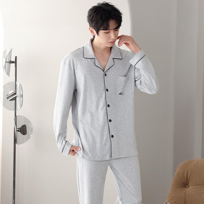 Men'S Pajamas Men'S Spring And Autumn Cotton Long-Sleeved Autumn And Winter Autumn Cotton Loungewear Set