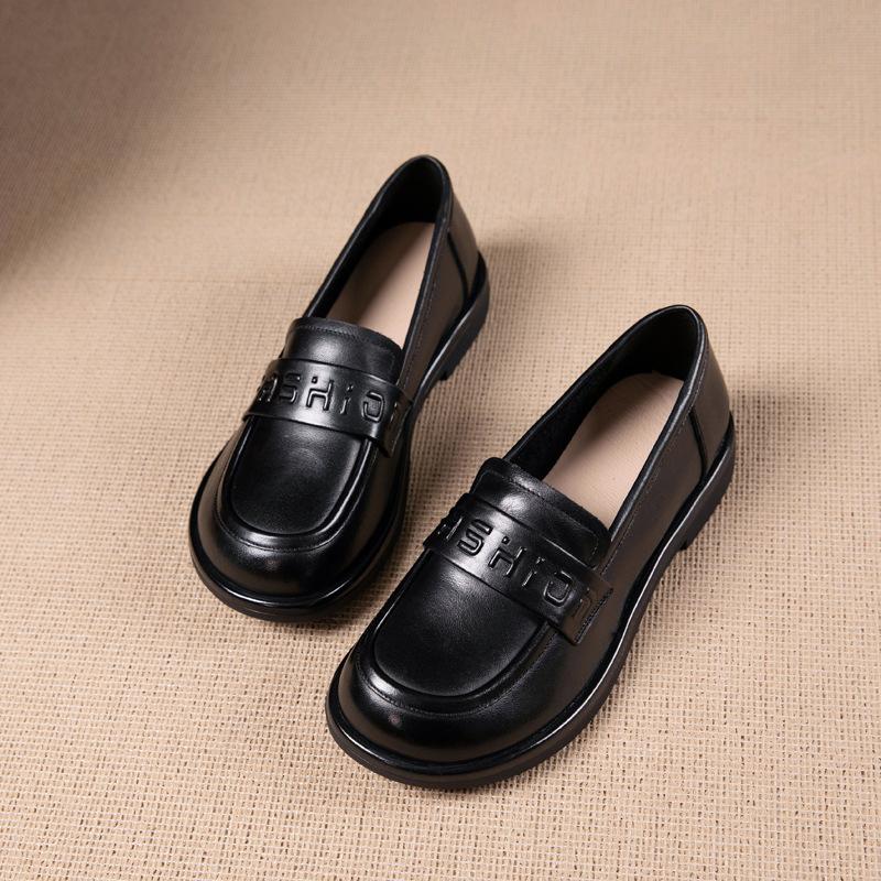 First Layer Cowhide Loafers Women's Spring and Autumn New Soft Sole Soft Surface Beige Basic Commuter Work Small Leather Shoes Women