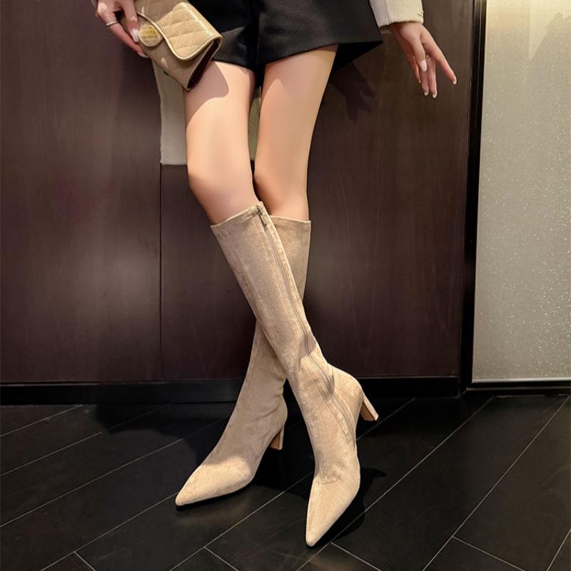 Pointed thin heel high heel boots women's 2025 autumn and winter new elastic fashion versatile suede thin boots long boots