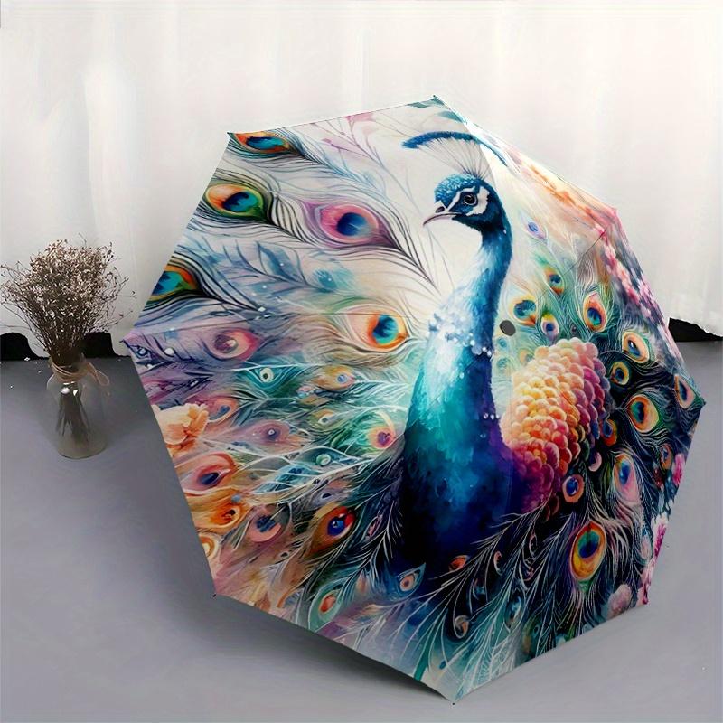 1 Stück Bunter Pfau mit ausgebreiteten Federn inmitten von Blumen und Naturschönheit Cartoon-Regenschirm, Tragbarer 3-fach kompakter Regenschirm, Geeignet für Cam