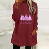 Women's Christmas Tree Print Round Neck Loose Long Sleeve Pocket Plush Hoodie