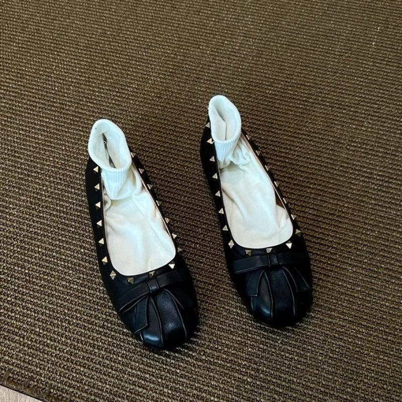 Woman Bowcropped Studded Ballet Slippers French Rivet Style Mary Jane Shoes For Summer Flats Women's Dancewear Loafers Mules