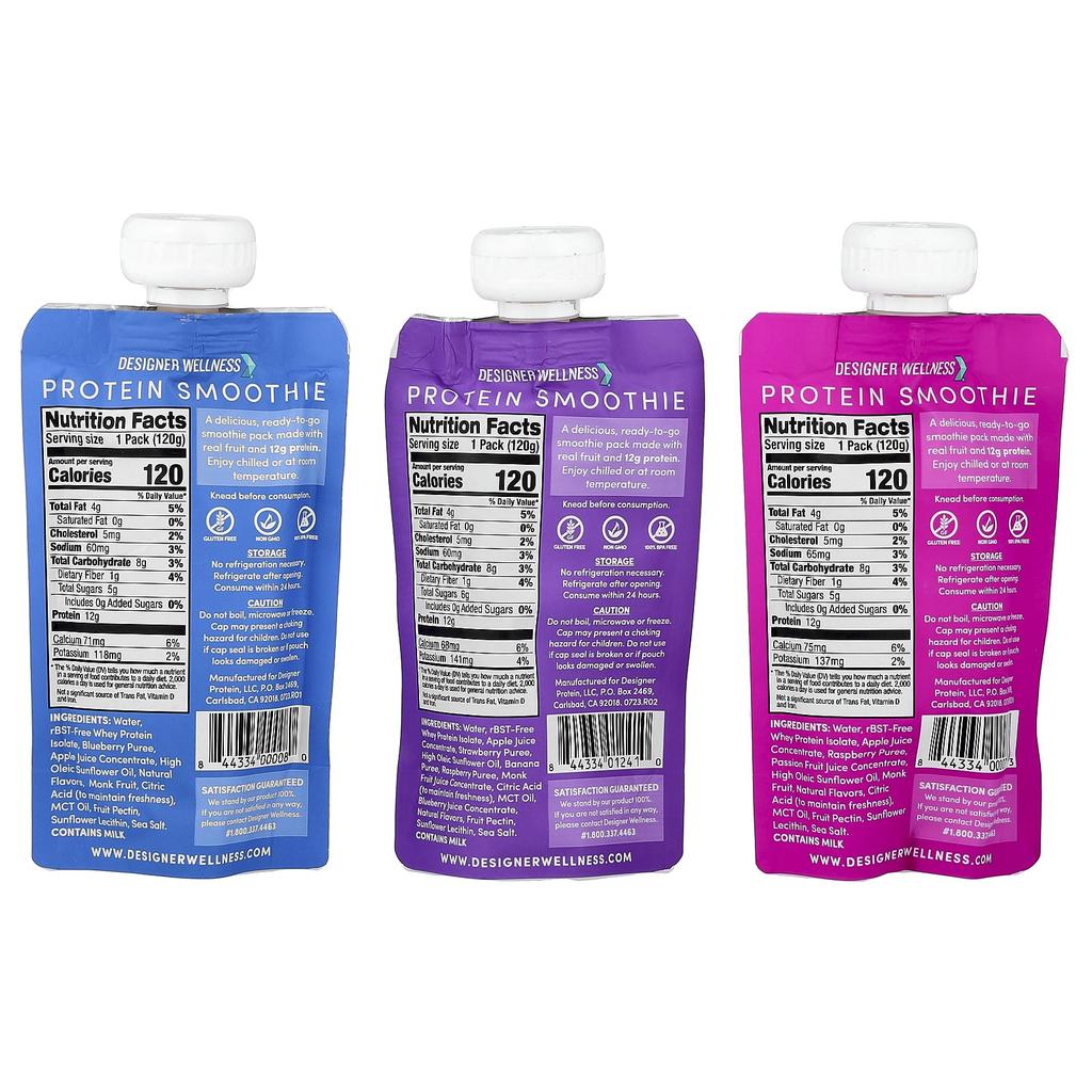 Designer Wellness, Protein Smoothie, Trial Variety Pack, 12 Packs, 120g (4.2oz) Each