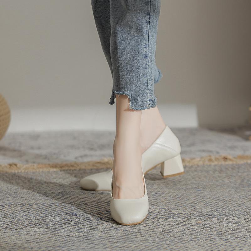 Women's Genuine Leather French-style Flats, Low-cut, Square-toe, Chunky Heel, Black, Versatile Work Shoes/commuter Shoes