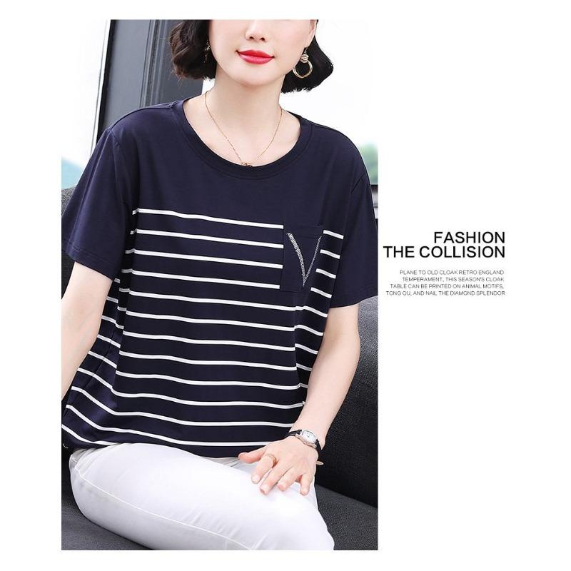 

Middle-aged Mother Summer Short-sleeved New Women s Striped Loose 2XL темно-синього кольору