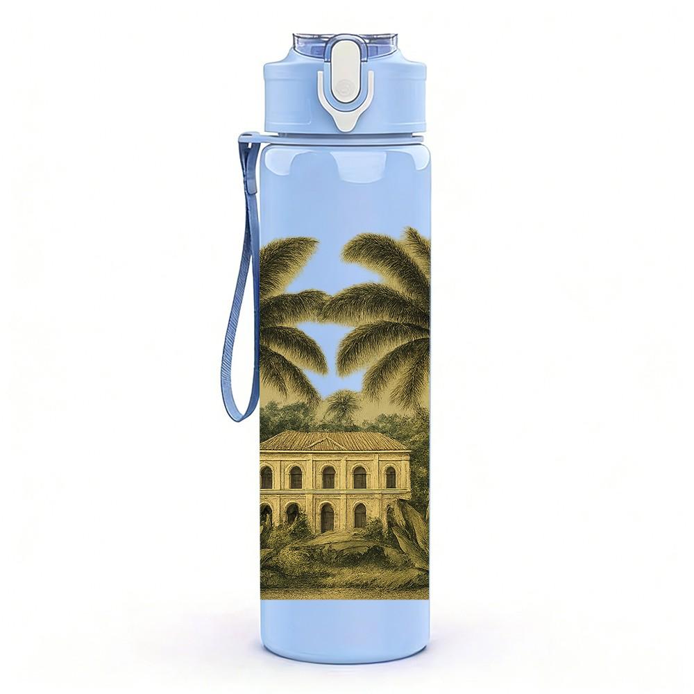1PC Tropical Palm Tree Island 750ml Color Plastic Sports Water Bottle Leakproof Flip Straw Lid Suitable for Sports Office Home Use