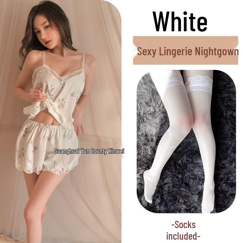 Silk Lace Trim Backless Camisole & Nightgown Set for Women