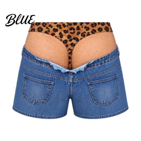 Mens Funny Swim Shorts Men Hairy Booty Shorts Leopard Print Thong Fake Denim Gag Gifts for Birthdays 3D Illusion Beach Trunks Summer Pool Party,
