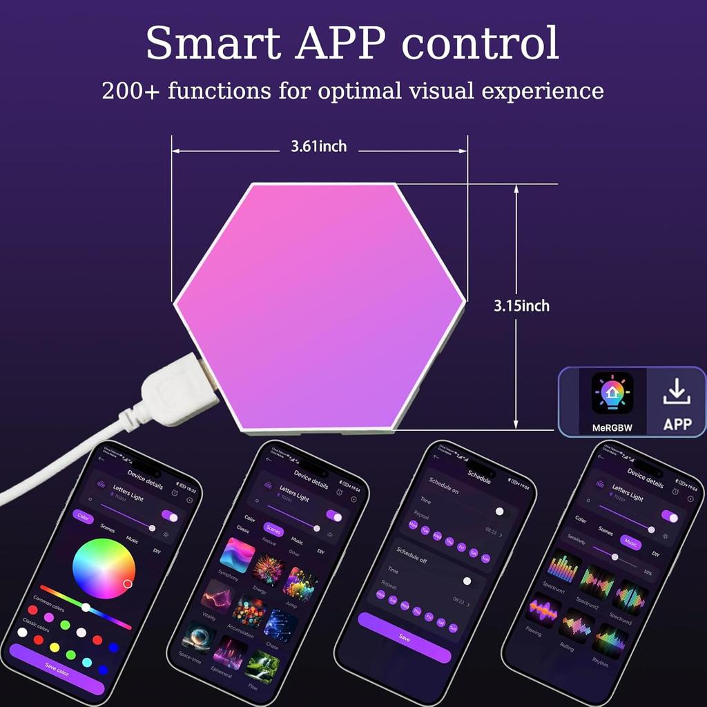 8 Pack Hexagon Lights for Wall LED, Hexagon LED Lights That Sync with Music, APP & Remote Controls Hex Lights, RGB LED Wall Panels for TV, Bedroom,