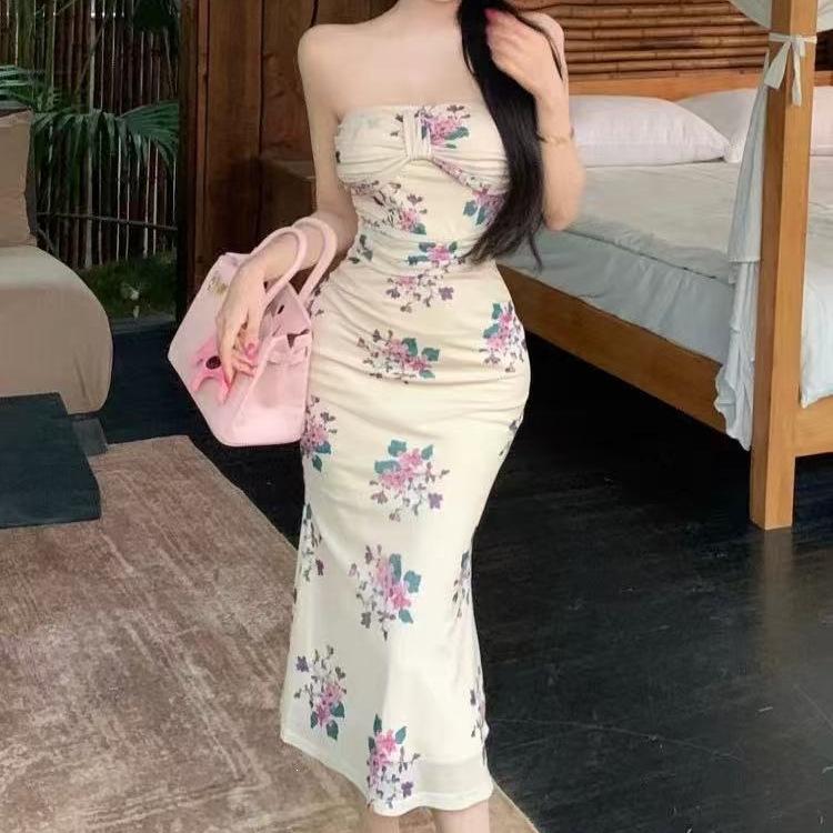 Sexy Spice Girl Wind Tub Top Floral Dress High Sense Women's Summer Waist Folds Buttocks Medium and Long Dress Wholesale