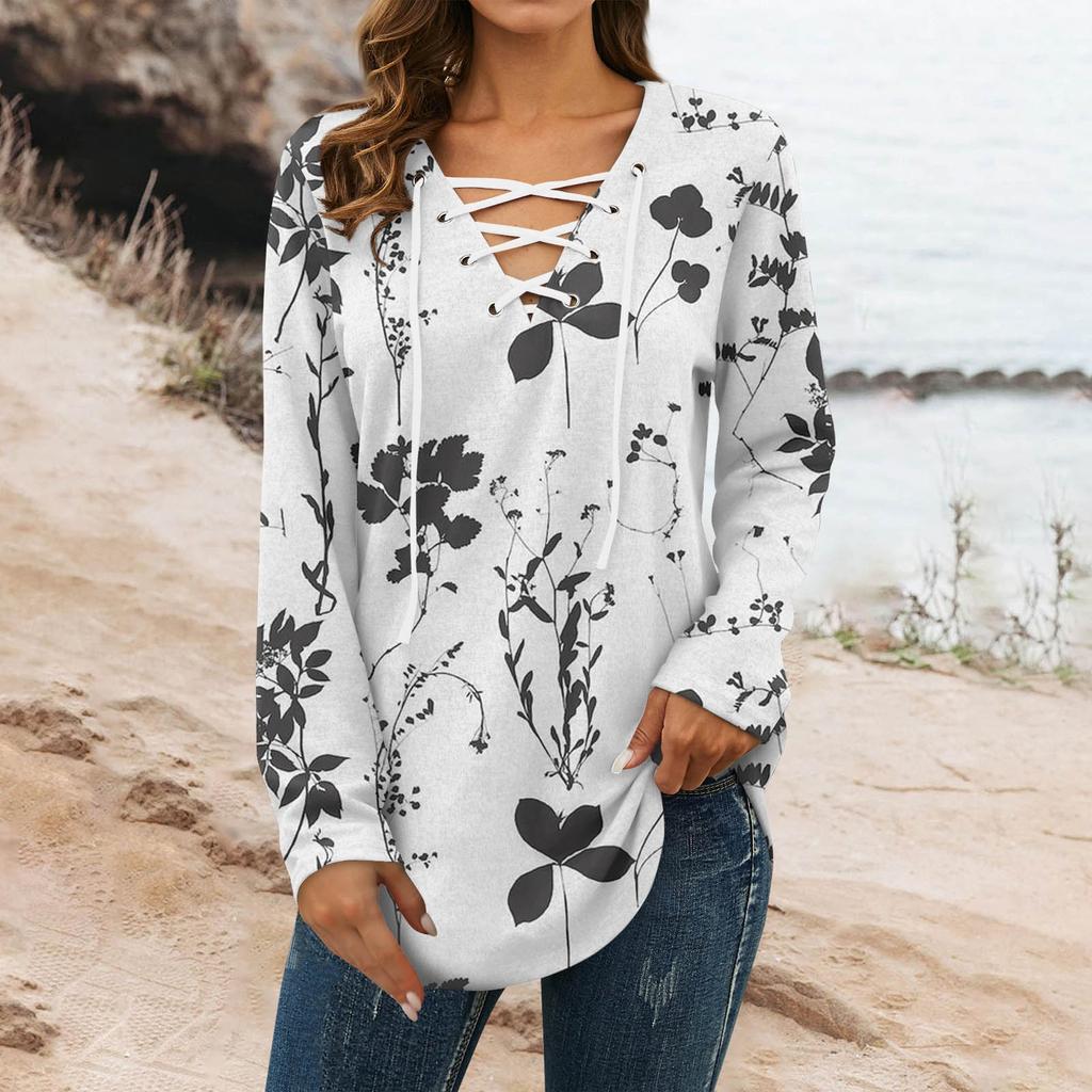 Women's Blouse Fashion Loose Casual Long Sleeved Printed V-Neck T-shirt Top