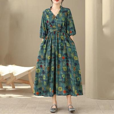 Manica corta Taglie forti Cotone lino vintage floreale nuovo in abiti per le donne casual ampio lungo abito estivo