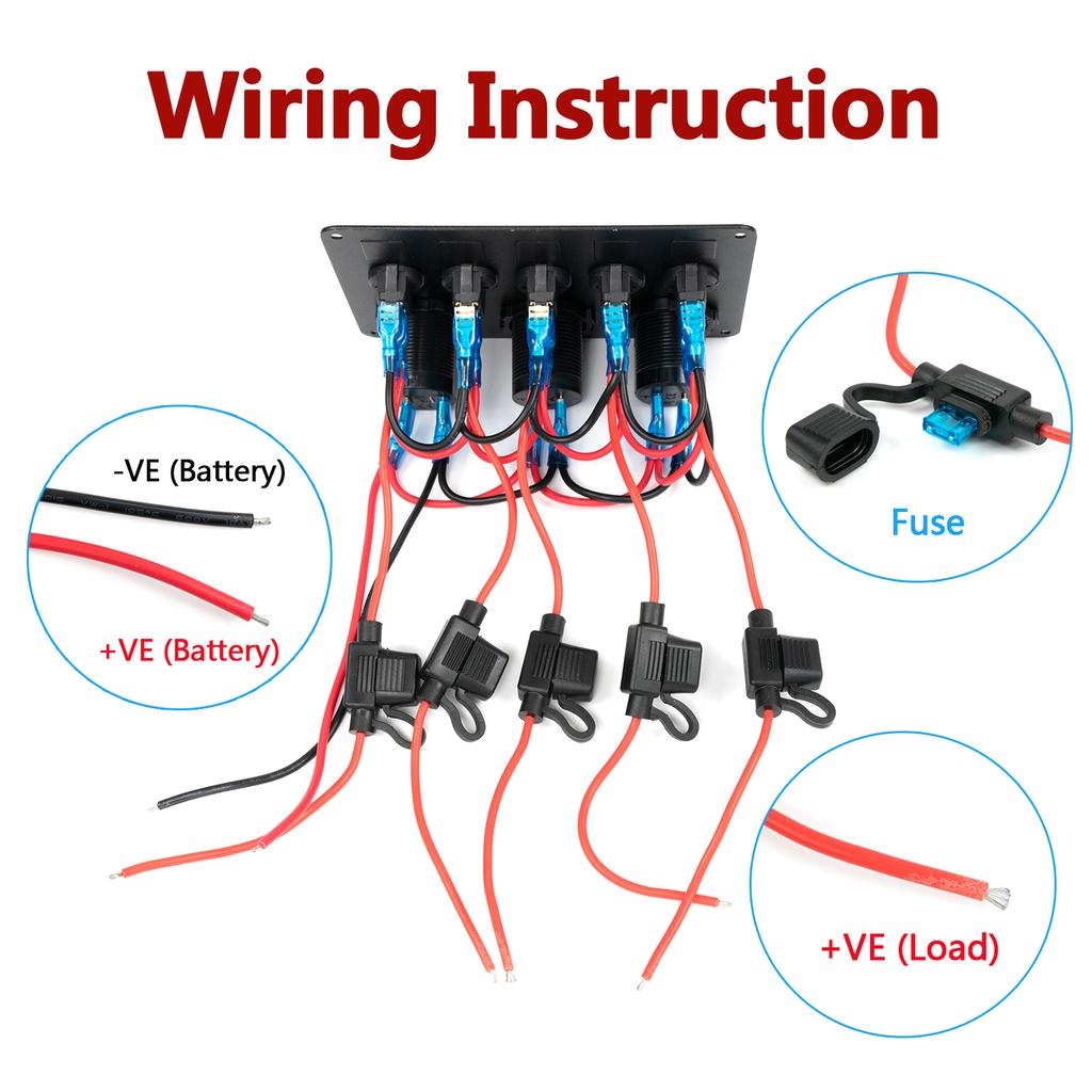 5 Gang LED Rocker Switch Panel Control Dual USB Port Încărcător Circuit Breaker ON-OFF Toggle pentru mașina, camioanele, barca marină, RV 12V 24V
