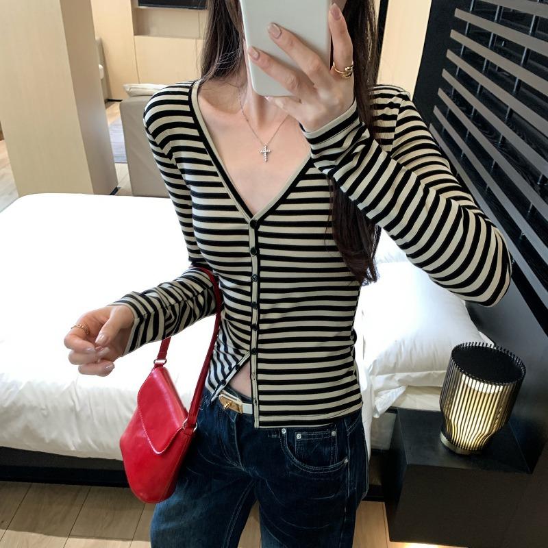 Early Autumn Chic Striped V-neck Long-sleeved Cardigan T-shirt for Women New Slim Fit Korean Style Single Top