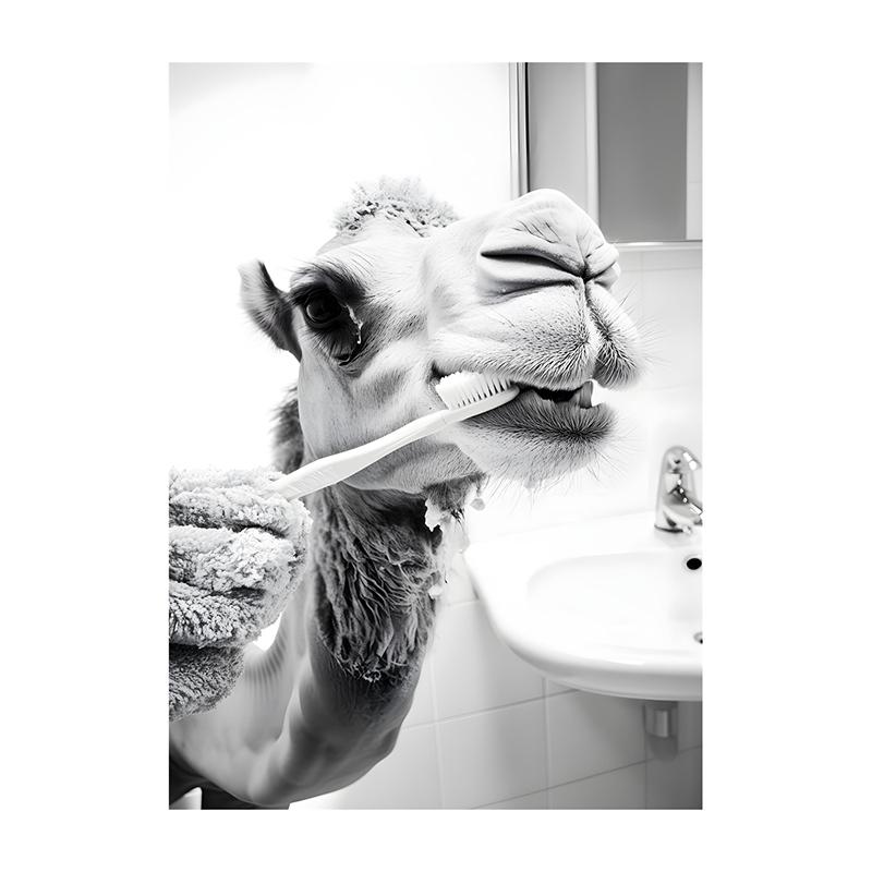 Black White Funny Bathroom Brushing Teeth Poster Vintage Style Animal Canvas Painting Print Wall Art Picture for Home Decoration