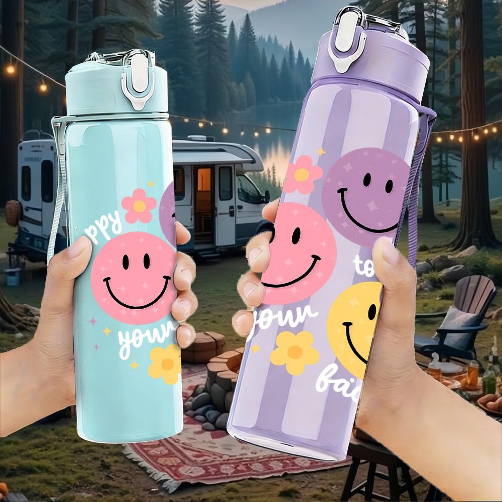 1PC Colorful Smiley Face Trio 750ml Color Plastic Sports Water Bottle Leakproof Flip Straw Lid Suitable for Sports Office Home Use