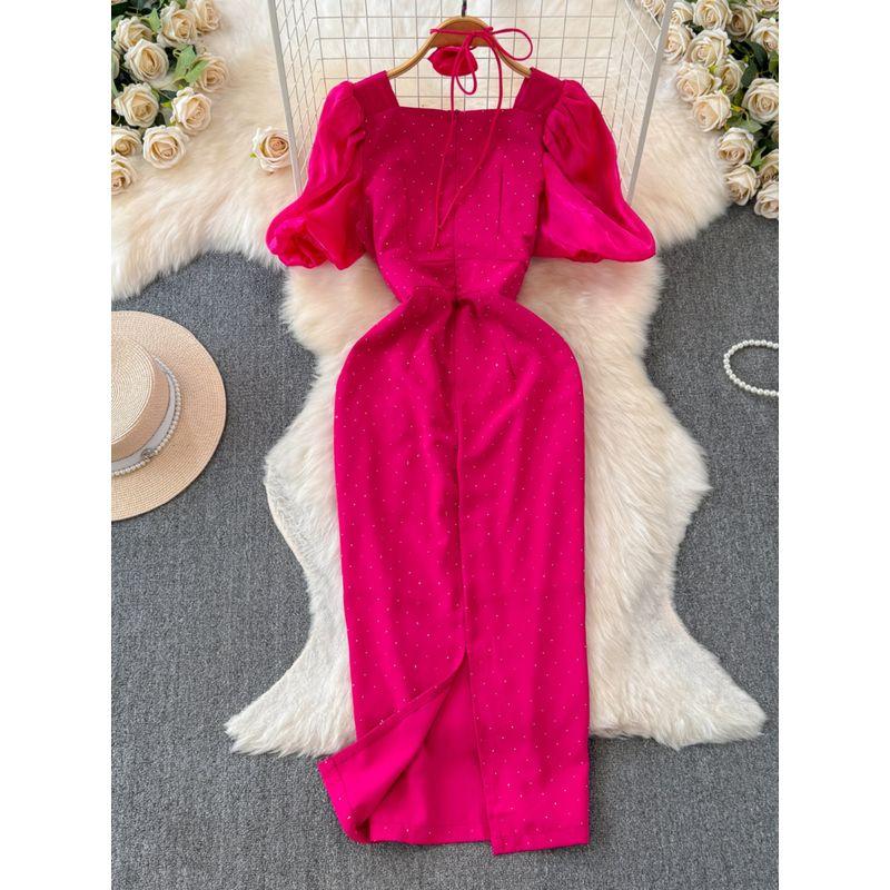 European Station New Arrival Fashion Elegant Elegant Lady of Note Short Sleeve Dress Fancy Hip Hot Drilling Square Collar Dress Dress