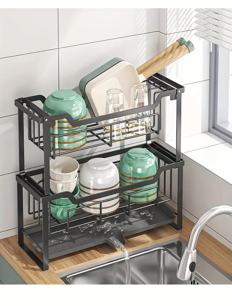 

Slim dish rack with drainboard for narrow spaces, fits 12 plates, 12 bowls, 5 glasses and some cutlery, bathroom or kitchen use 2-tier чорний