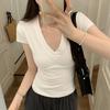 V-neck T-shirt Women's Short-sleeved Gray Bottoming Shirt with New Short Front Shoulder Chicken Heart Collar Summer Short-sleeved Top