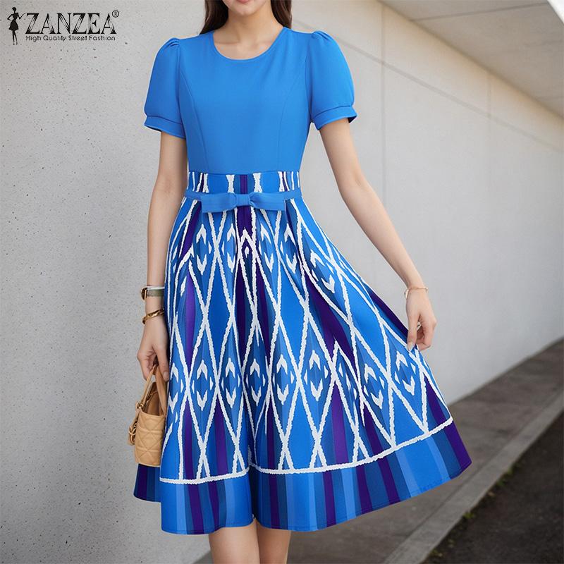 ZANZEA Rochie de vară cu mâneci scurte, lejer, cu gât rotund, imprimeu