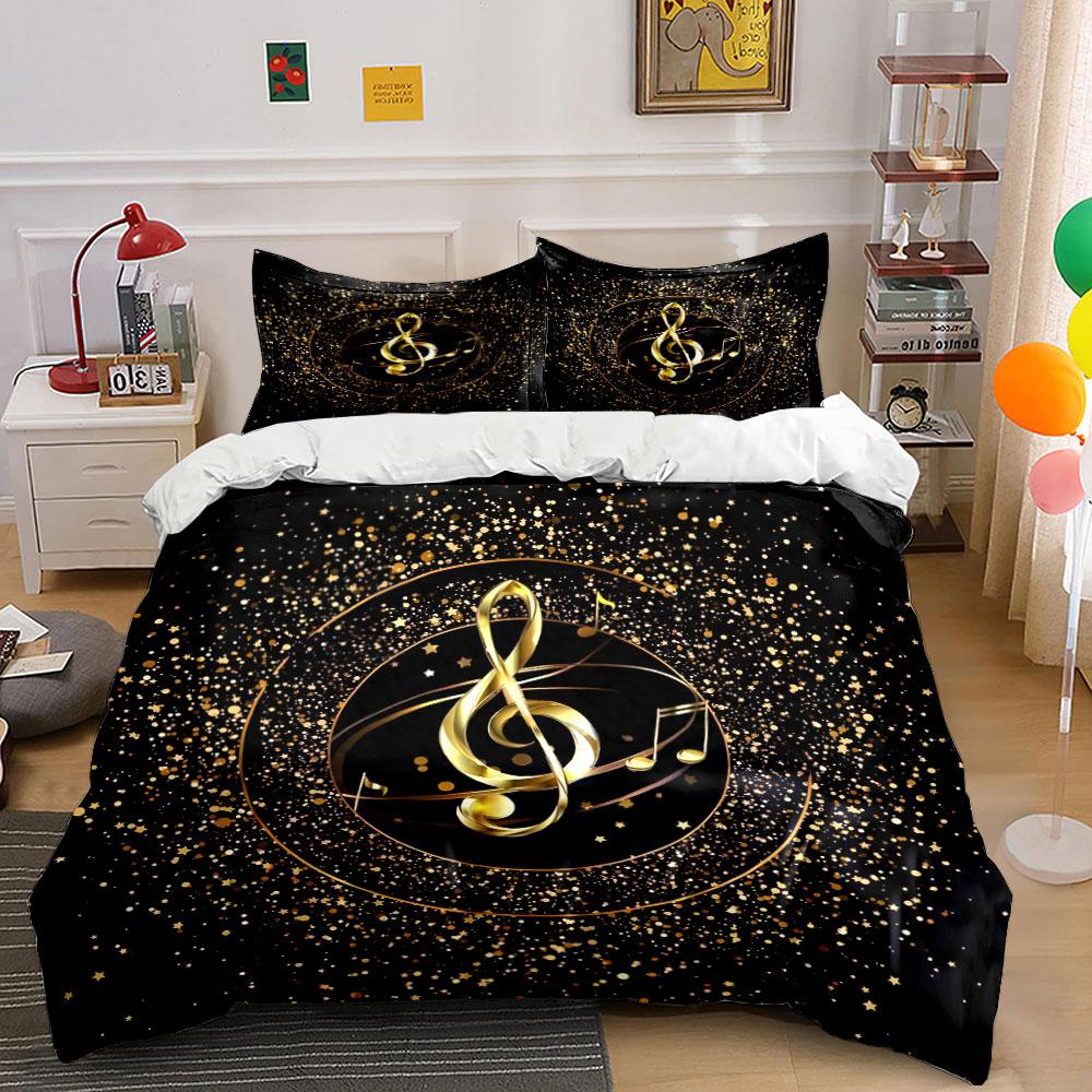 3-teiliges goldenes Violinschlüssel-Glitzerstern-Bettwäsche-Set Schwarz Musiknoten-Bettwäsche Enthält 1 Bettbezug und 2 Kissenbezüge Geschenk